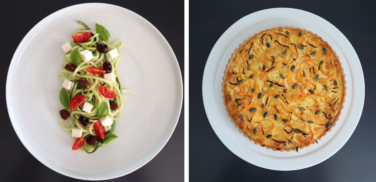 Spaghetti di zucchine con feta, pomodorini e olive | Quiche con spaghetti di zucca